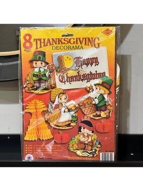 Vintage Beistle Thanksgiving Decorama 8 Piece Honeycomb Pilgrim Die Cut 1970s